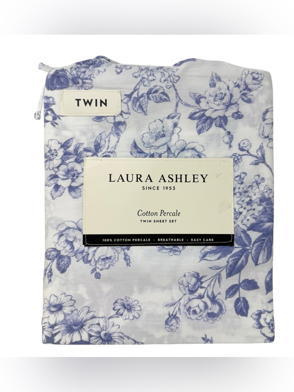 Laura Ashley twin sheet set Cotton percale Floral periwinkle blue purple New